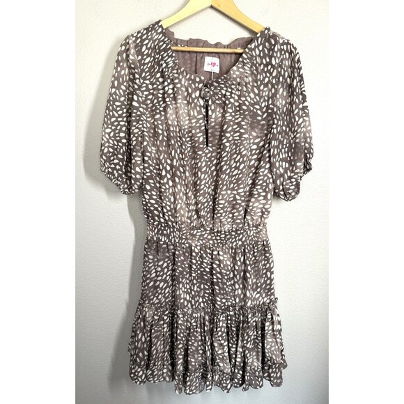 NWOT Buddy Love Dalmation Print Balloon Sleeve Brown Ruffle Dress Women’s Size M - Picture 1 of 11
